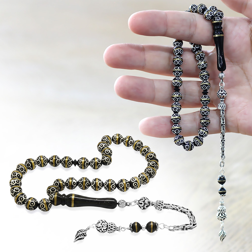 Kuka Tesbih - 925 Ayar Gümüş Kral Püsküllü - Siyah Renk - Pirinç Sarma - Beyaz Mine - Küre Kesim - 1