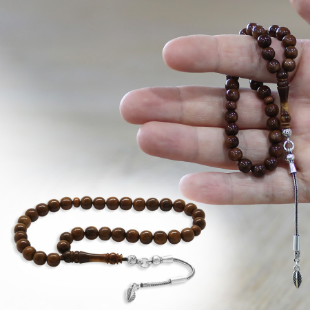 Kuka Tesbih - 925 Ayar Gümüş Püsküllü - Bilek Boy - Koyu Kahverengi - Küre Kesim - Tesbihane