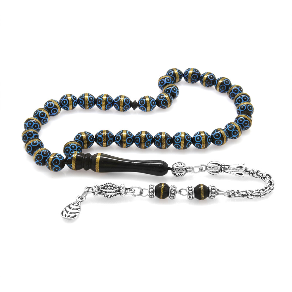Kuka Tesbih - Kararmaz Metal Arnavut Püsküllü - Siyah Renk - Pirinç Sarma - Mavi Mineli - Küre Kesim - 4