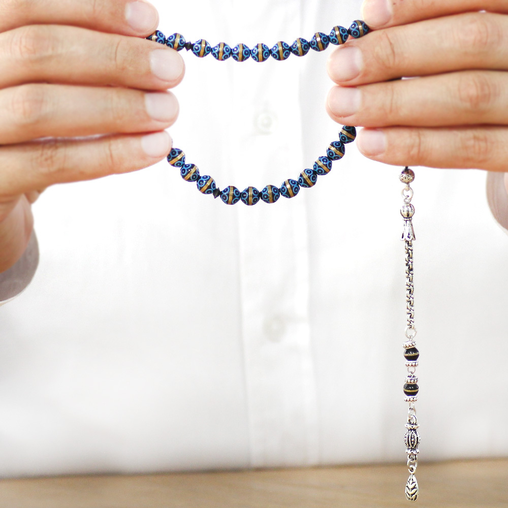 Kuka Tesbih - Kararmaz Metal Arnavut Püsküllü - Siyah Renk - Pirinç Sarma - Mavi Mineli - Küre Kesim - 3