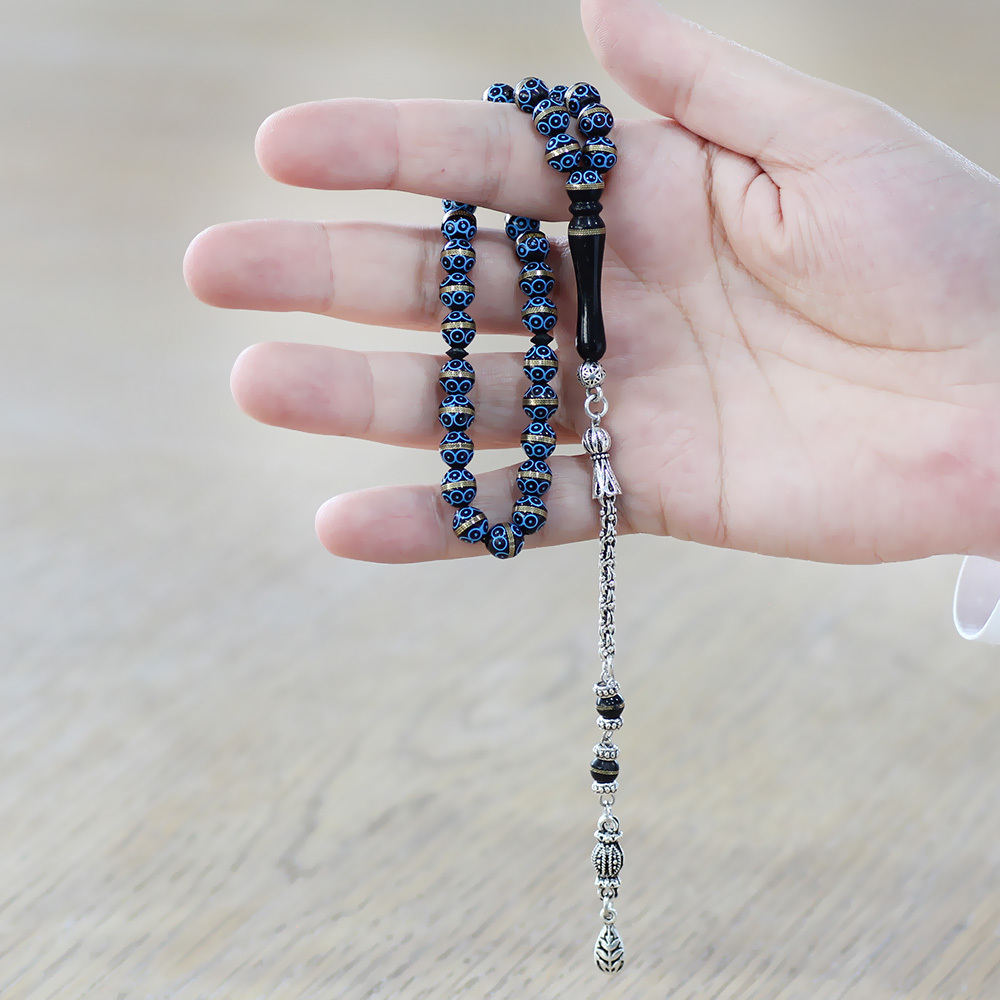 Kuka Tesbih - Kararmaz Metal Arnavut Püsküllü - Siyah Renk - Pirinç Sarma - Mavi Mineli - Küre Kesim - 2