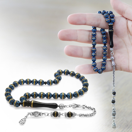 Kuka Tesbih - Kararmaz Metal Arnavut Püsküllü - Siyah Renk - Pirinç Sarma - Mavi Mineli - Küre Kesim - Tesbihane