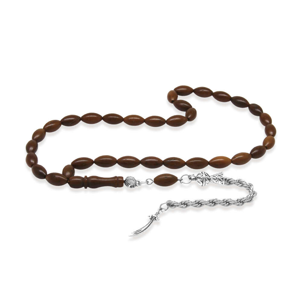 Kuka Tesbih - Kararmaz Metal Halat Zincir Püsküllü - Koyu Kahverengi - Arpa Kesim - 4