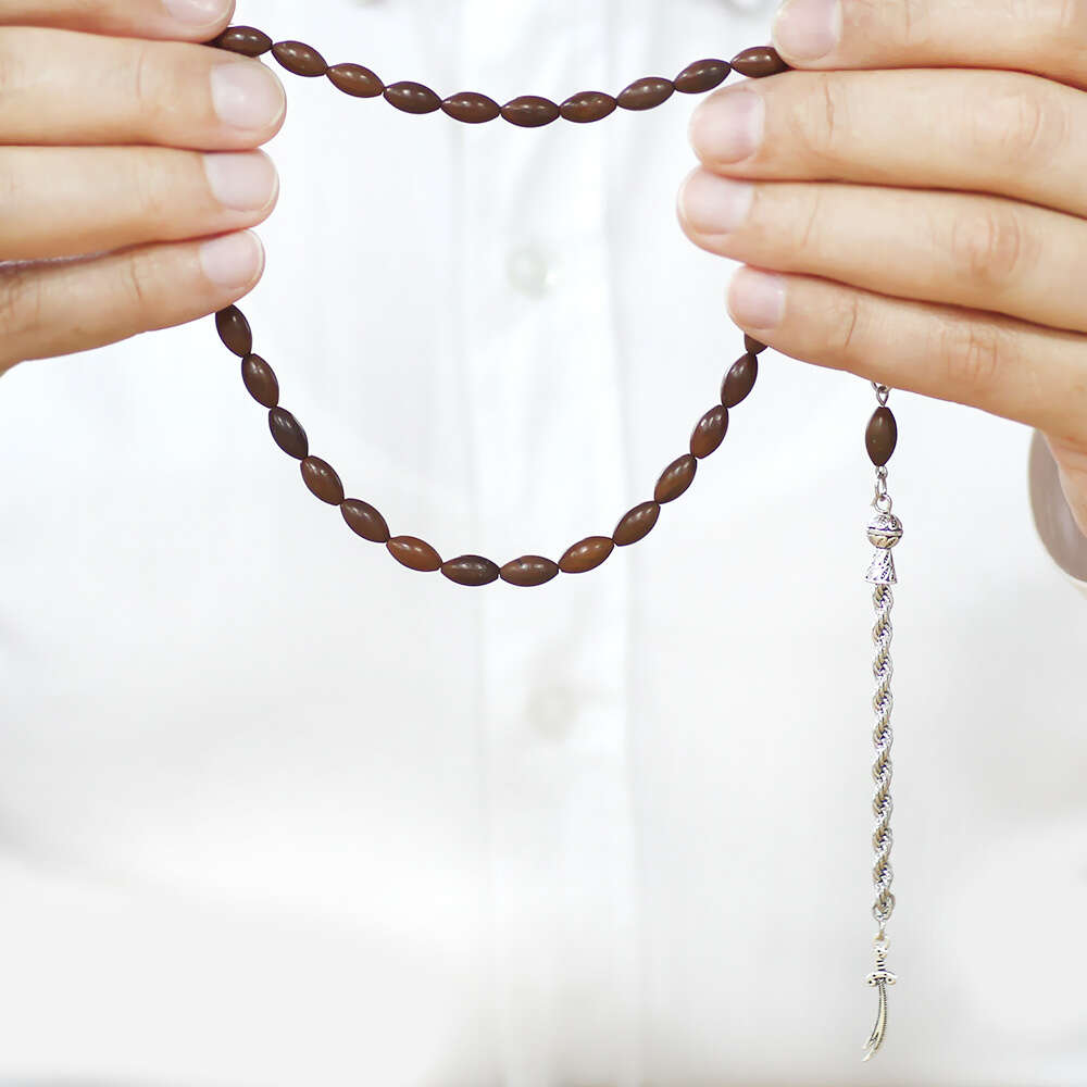 Kuka Tesbih - Kararmaz Metal Halat Zincir Püsküllü - Koyu Kahverengi - Arpa Kesim - 3