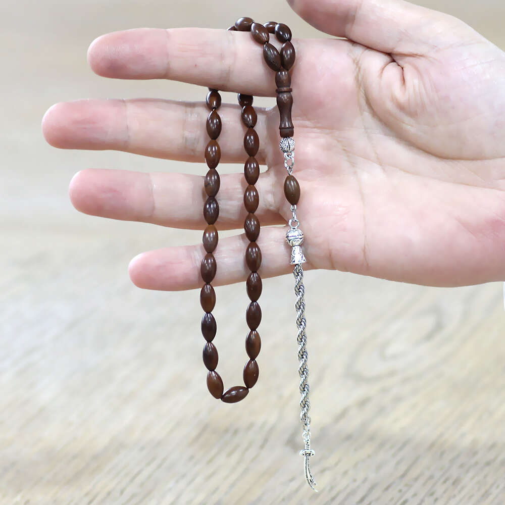 Kuka Tesbih - Kararmaz Metal Halat Zincir Püsküllü - Koyu Kahverengi - Arpa Kesim - 2