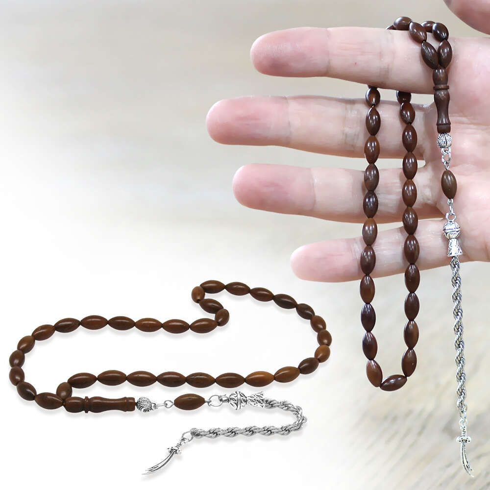 Kuka Tesbih - Kararmaz Metal Halat Zincir Püsküllü - Koyu Kahverengi - Arpa Kesim - 1