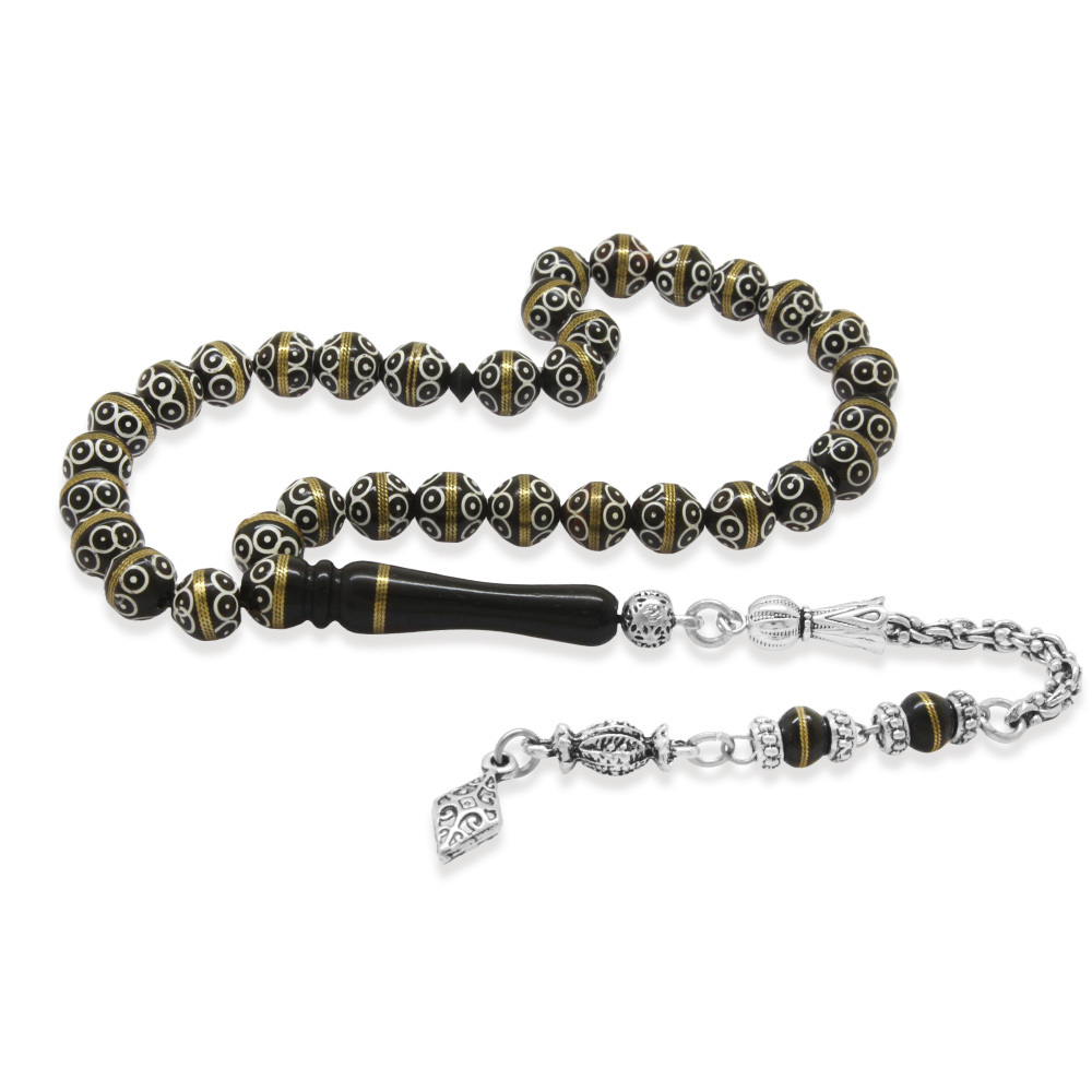 Kuka Tesbih - Siyah Renk - Kararmaz Metal Arnavut Püsküllü - Pirinç Sarma - Beyaz Mine - Küre Kesim - 4