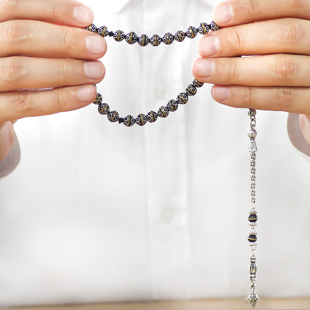 Kuka Tesbih - Siyah Renk - Kararmaz Metal Arnavut Püsküllü - Pirinç Sarma - Beyaz Mine - Küre Kesim - 3