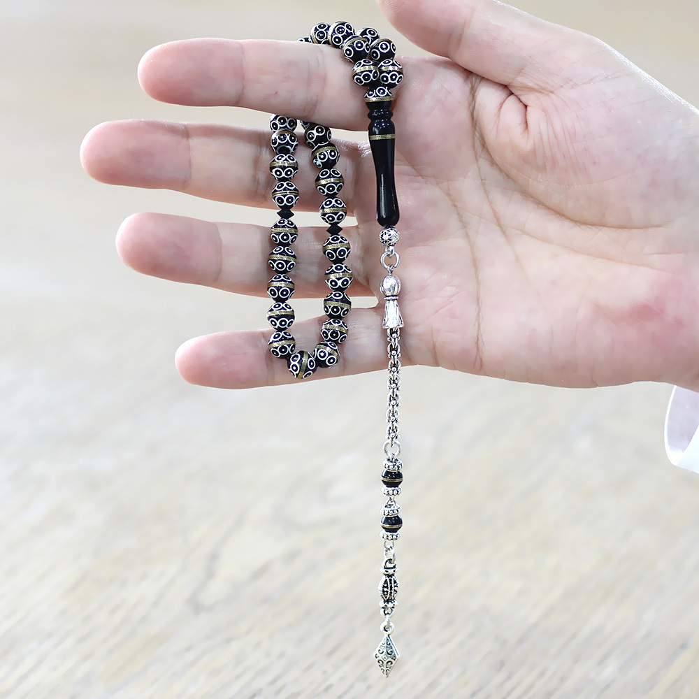 Kuka Tesbih - Siyah Renk - Kararmaz Metal Arnavut Püsküllü - Pirinç Sarma - Beyaz Mine - Küre Kesim - 2