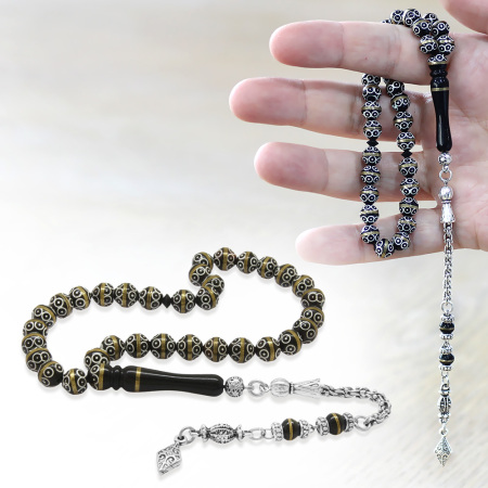 Kuka Tesbih - Siyah Renk - Kararmaz Metal Arnavut Püsküllü - Pirinç Sarma - Beyaz Mine - Küre Kesim - Tesbihane