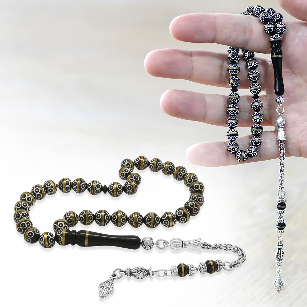 Kuka Tesbih - Siyah Renk - Kararmaz Metal Arnavut Püsküllü - Pirinç Sarma - Beyaz Mine - Küre Kesim - 1