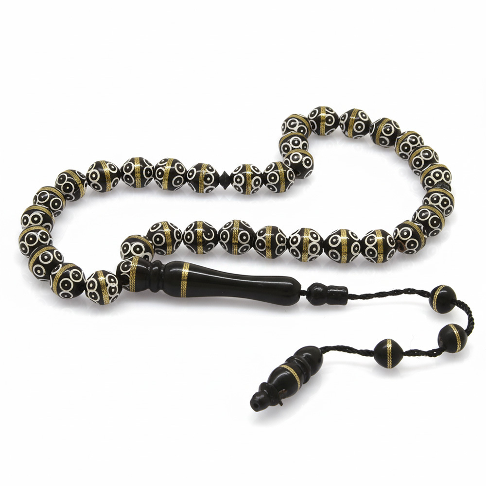 Kuka Tesbih - Siyah Renk - Pirinç Sarma - Sistemli - Beyaz Mine - Küre Kesim - 4