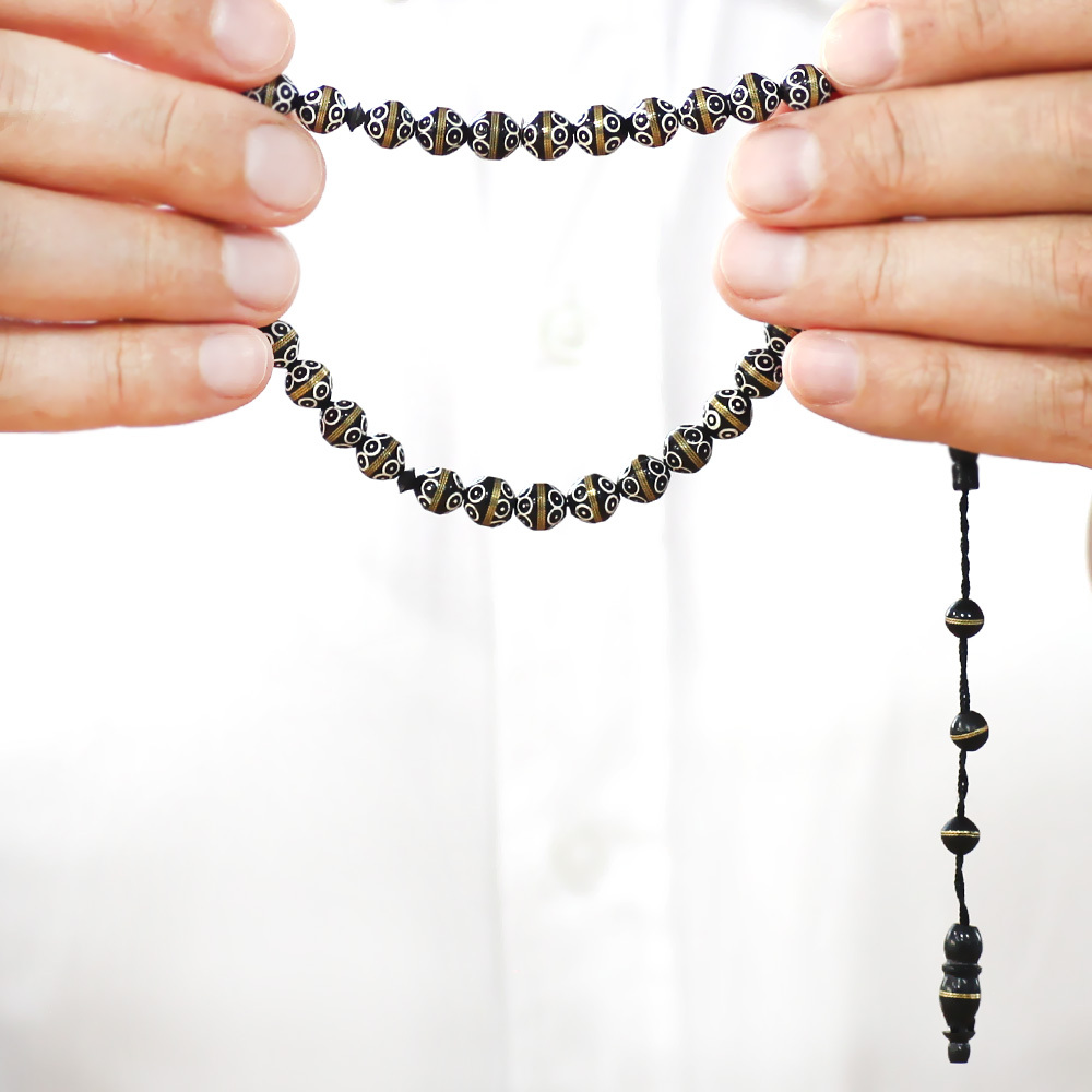 Kuka Tesbih - Siyah Renk - Pirinç Sarma - Sistemli - Beyaz Mine - Küre Kesim - 3