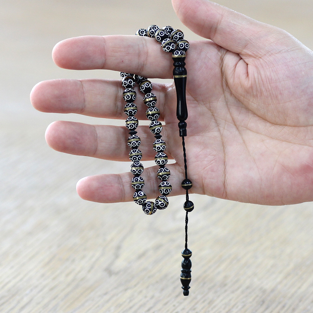 Kuka Tesbih - Siyah Renk - Pirinç Sarma - Sistemli - Beyaz Mine - Küre Kesim - 2