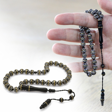 Kuka Tesbih - Siyah Renk - Pirinç Sarma - Sistemli - Beyaz Mine - Küre Kesim - Tesbihane