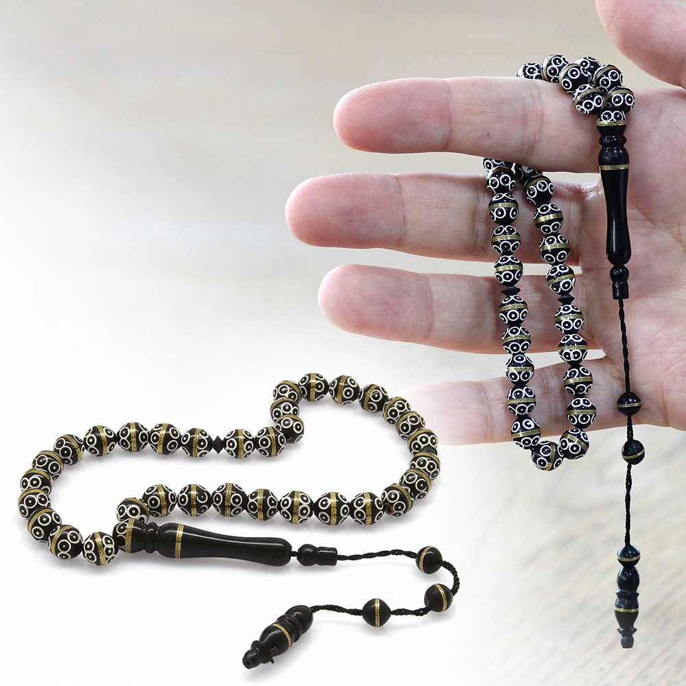 Kuka Tesbih - Siyah Renk - Pirinç Sarma - Sistemli - Beyaz Mine - Küre Kesim - 1