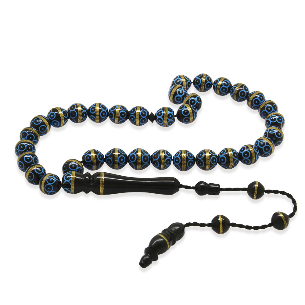 Kuka Tesbih - Siyah Renk - Pirinç Sarma - Sistemli - Mavi Mineli - Küre Kesim - 4
