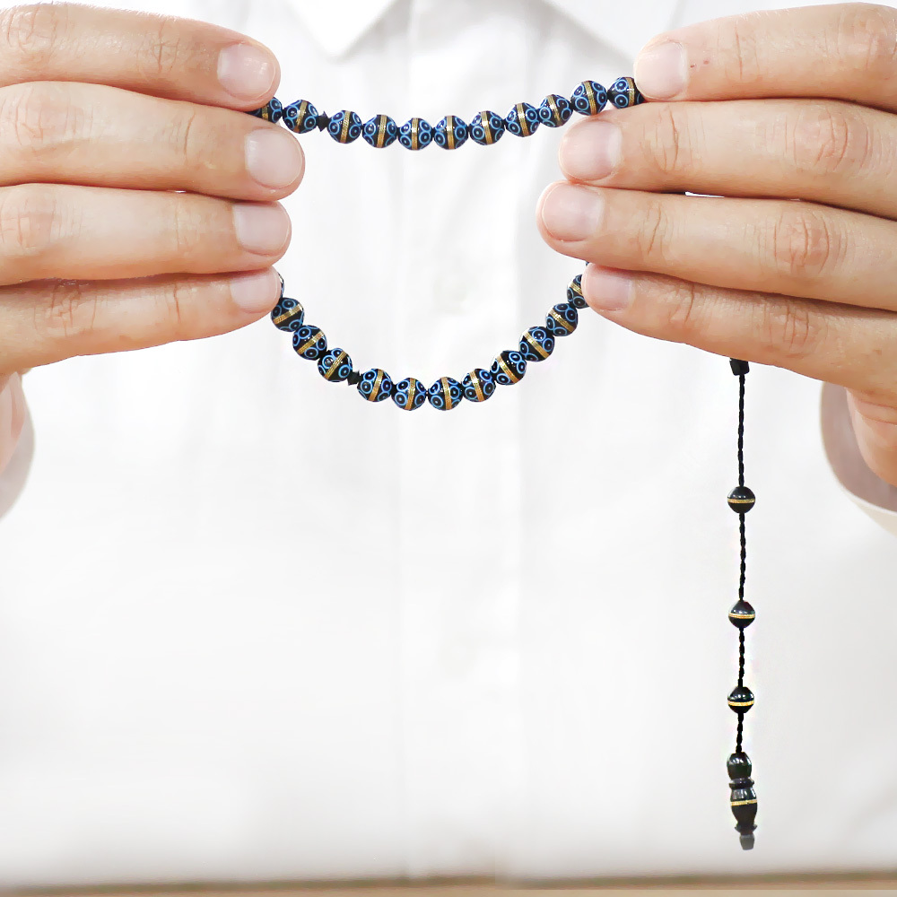 Kuka Tesbih - Siyah Renk - Pirinç Sarma - Sistemli - Mavi Mineli - Küre Kesim - 3