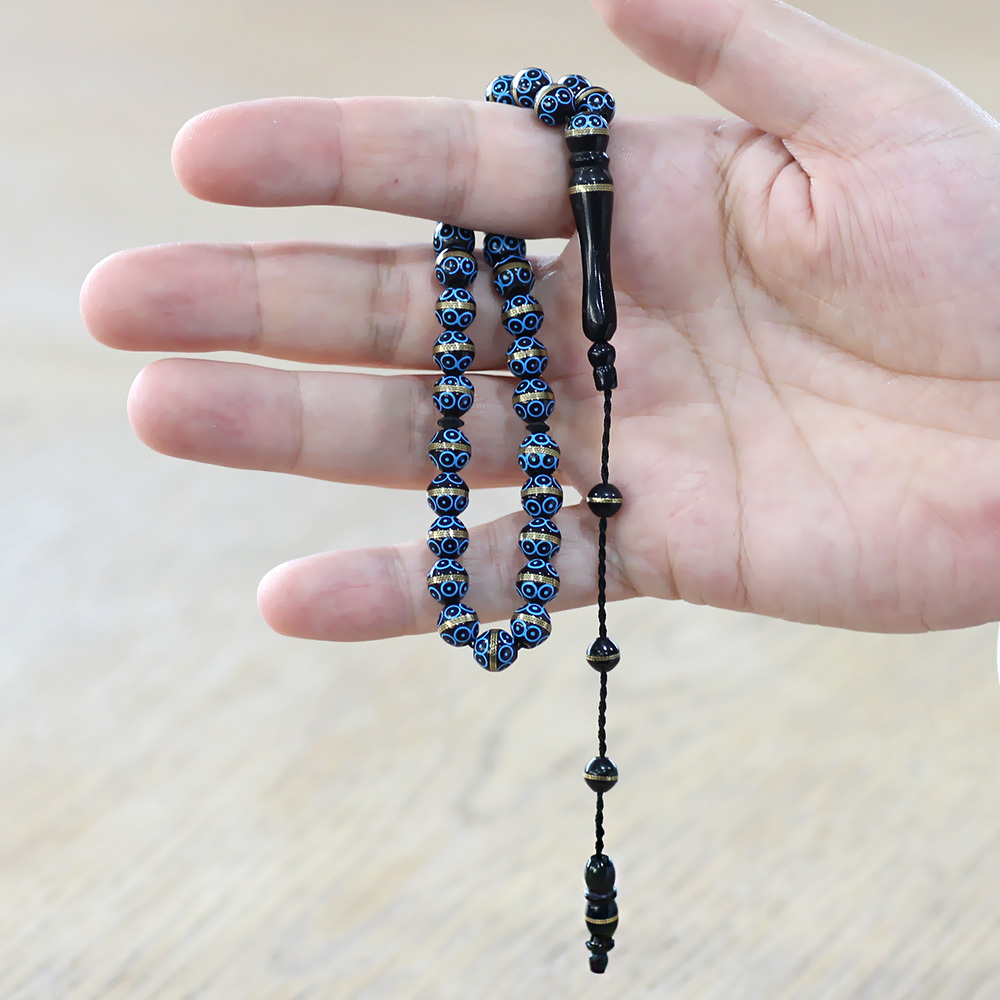 Kuka Tesbih - Siyah Renk - Pirinç Sarma - Sistemli - Mavi Mineli - Küre Kesim - 2