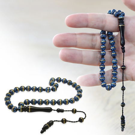 Kuka Tesbih - Siyah Renk - Pirinç Sarma - Sistemli - Mavi Mineli - Küre Kesim - Tesbihane
