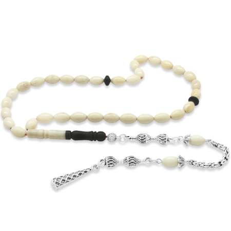 Kum Saati Tasarım Kararmaz Metal Püsküllü Arpa Kesim Abanoz Kombinasyonlu Naturel Deve Kemiği Tesbih - Tesbihane