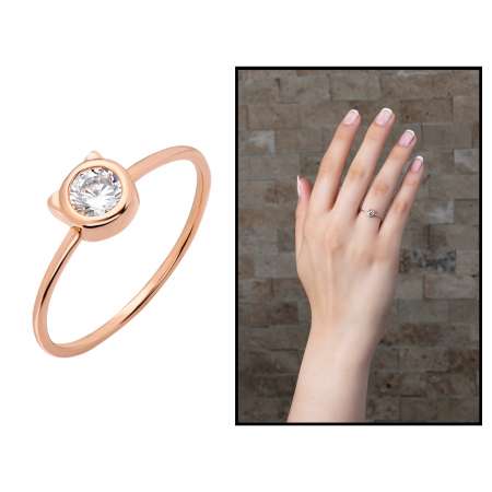 Kurdela Tasarım Roz Renk 925 Ayar Gümüş Bayan Tektaş Yüzük - Tesbihane