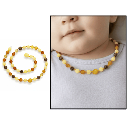 Küre Form Çok Renkli Doğal Damla Kehribar Taşlı Bebek Diş Kolyesi - Tesbihane