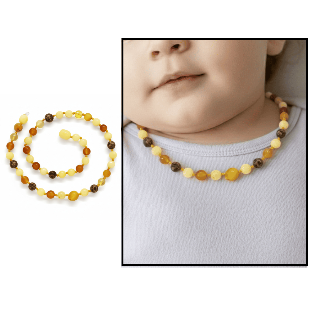 Küre Form Çok Renkli Doğal Damla Kehribar Taşlı Bebek Diş Kolyesi - 1