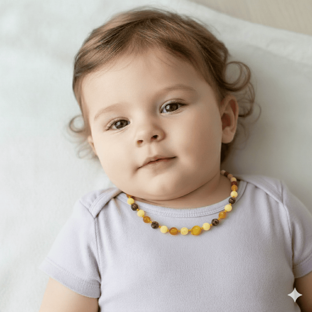 Küre Form Çok Renkli Doğal Damla Kehribar Taşlı Bebek Diş Kolyesi - 2