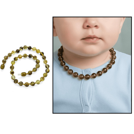 Küre Form Doğal Damla Kehribar Taşlı Hareli Maxi Boy Bebek Diş Kolyesi - Tesbihane