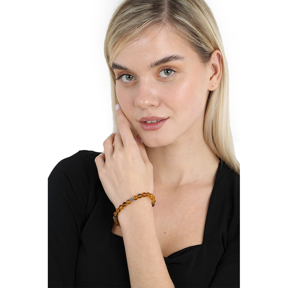 Küre Kesim Bal Rengi Hareli Doğal Damla Kehribar Kadın Bileklik - 5