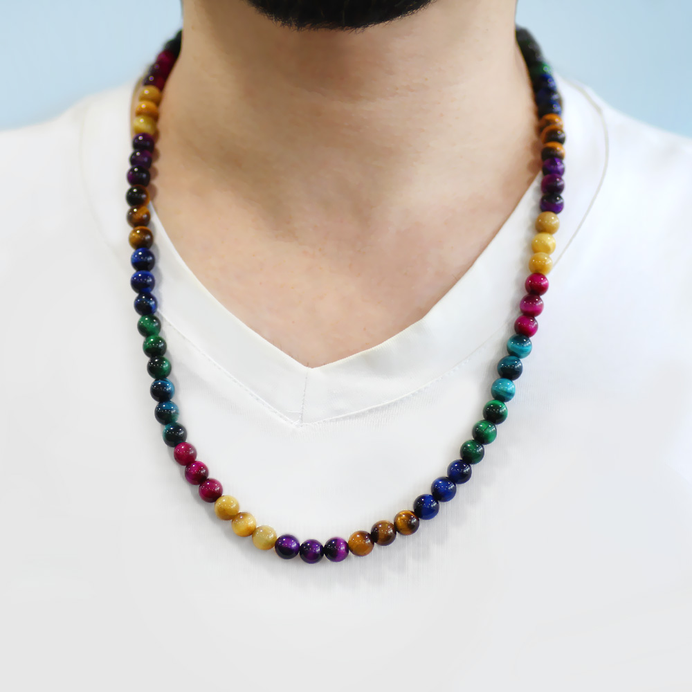 Küre Kesim Çakra Kaplan Gözü Doğaltaş Kombinli Erkek Kolye - 2