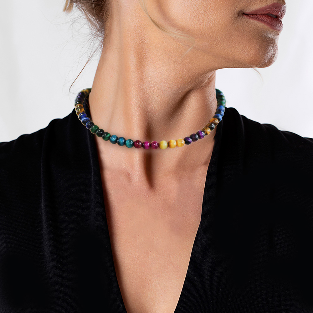 Küre Kesim Çakra Kaplan Gözü Doğaltaş Kombinli Kadın Kolye - 3