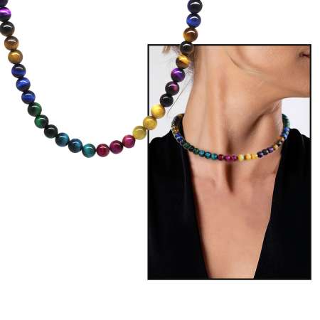 Küre Kesim Çakra Kaplan Gözü Doğaltaş Kombinli Kadın Kolye - Tesbihane