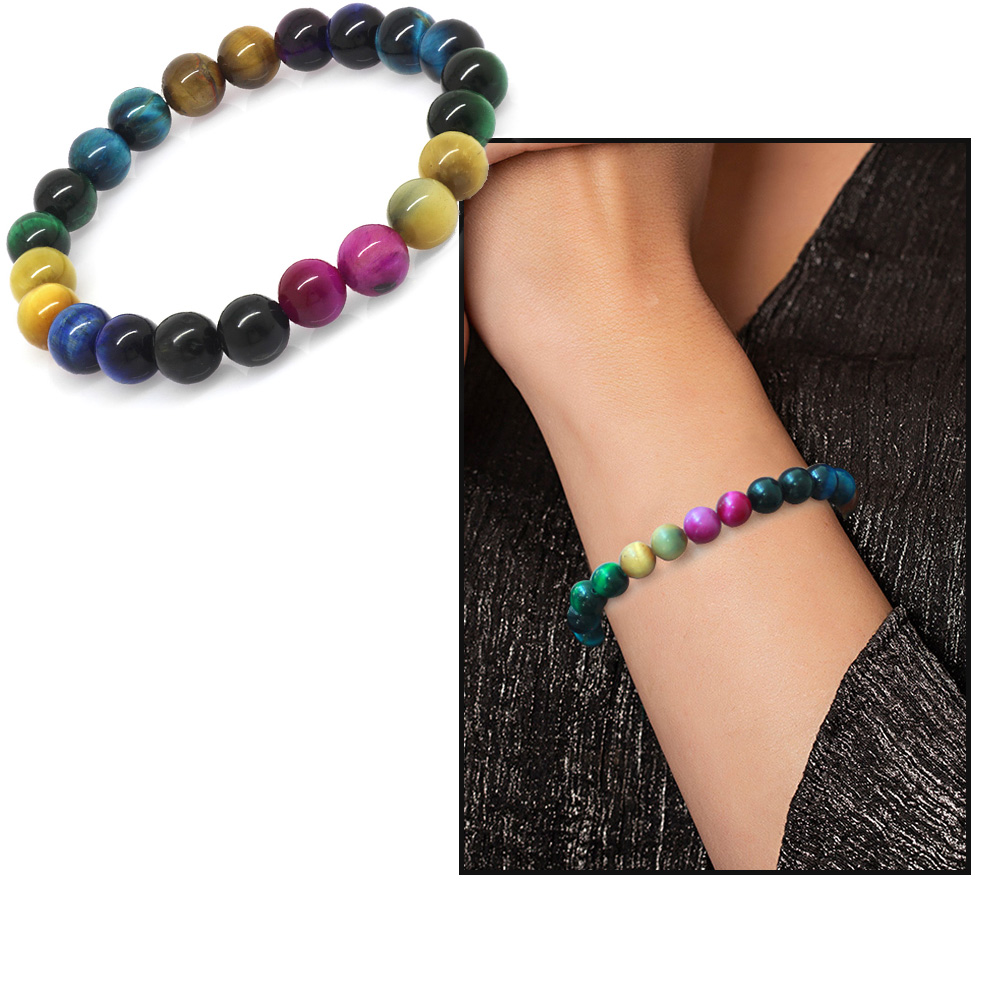 Küre Kesim Çoklu Kaplan Gözü Doğaltaş Kombinli Kadın Enerji Bilekliği - 8