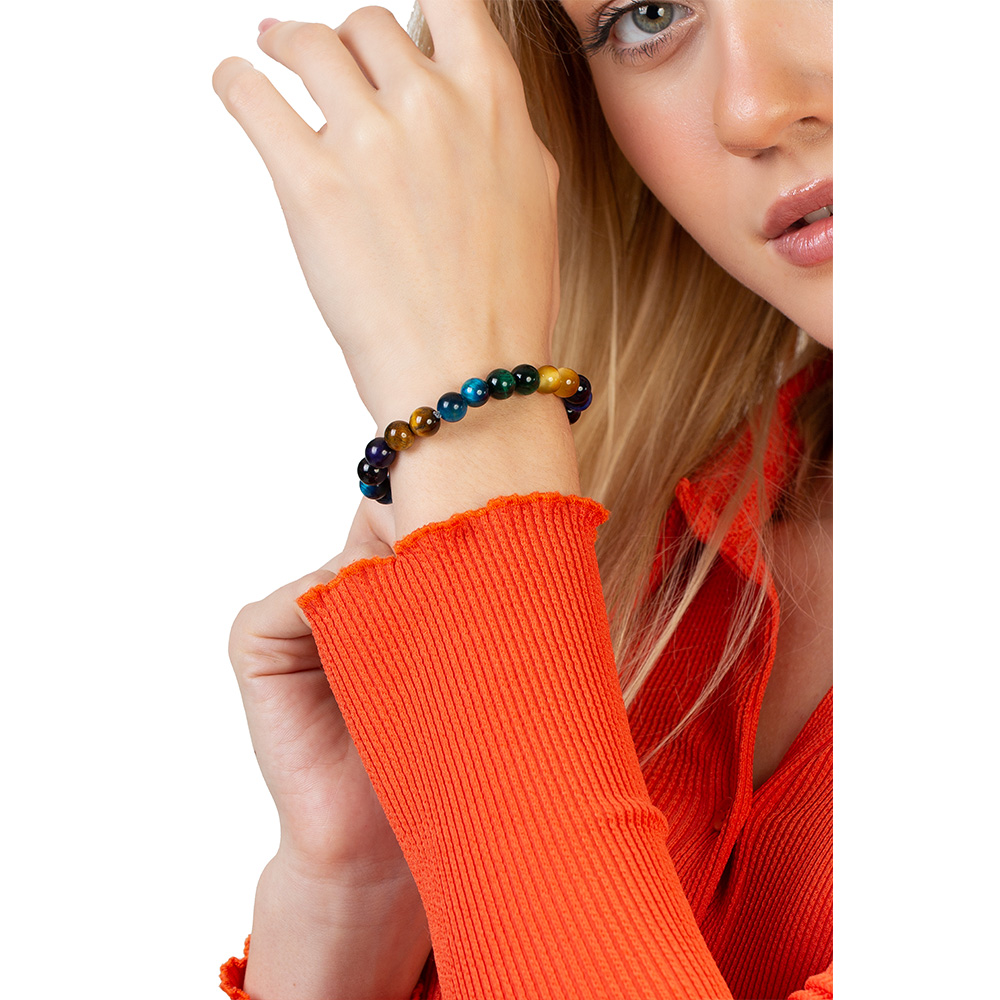 Küre Kesim Çoklu Kaplan Gözü Doğaltaş Kombinli Kadın Enerji Bilekliği - 3