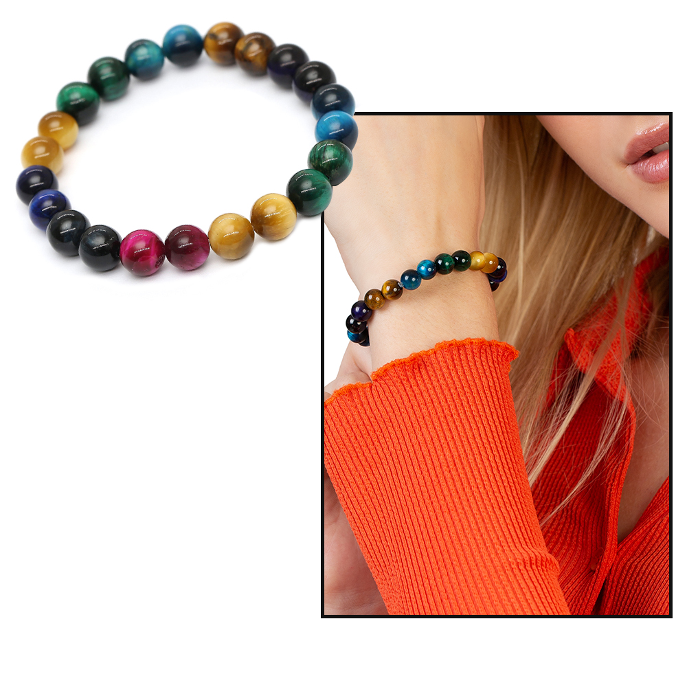 Küre Kesim Çoklu Kaplan Gözü Doğaltaş Kombinli Kadın Enerji Bilekliği - 1