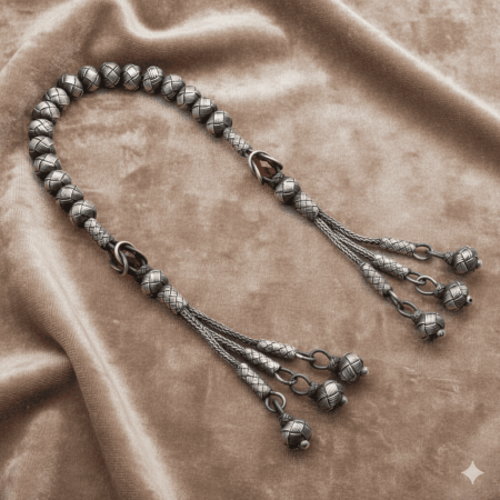 Küre Kesim Eskitme Renk Kırmızı Zirkon Taşlı 1000 Ayar Gümüş Zaza Kazaz Tesbih - Tesbihane