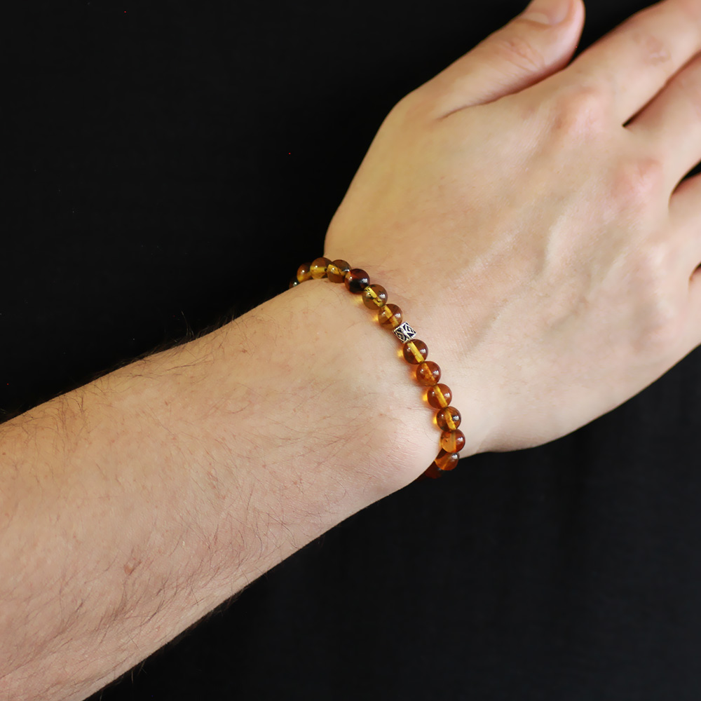 Küre Kesim Fosilli Doğal Sarı Damla Kehribar Erkek Bileklik - 4