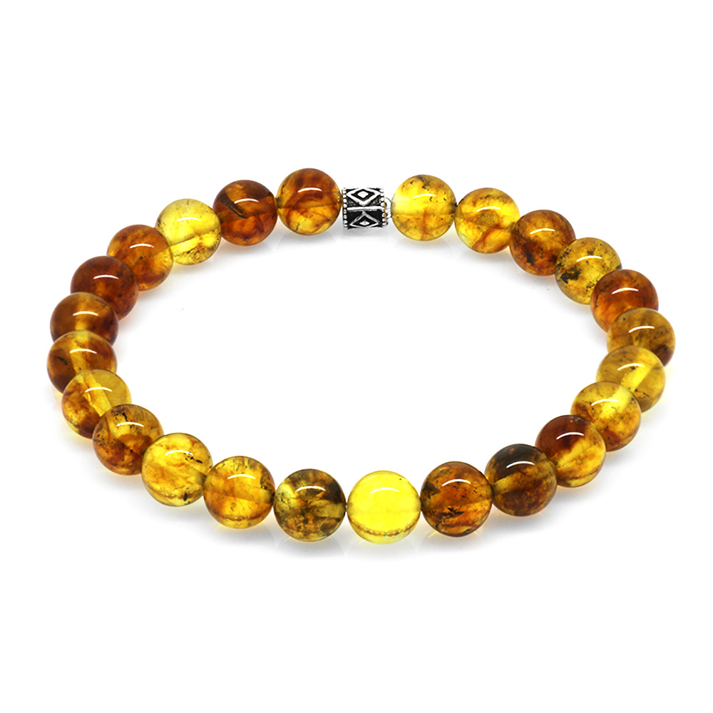 Küre Kesim Fosilli Doğal Sarı Damla Kehribar Erkek Bileklik - 1