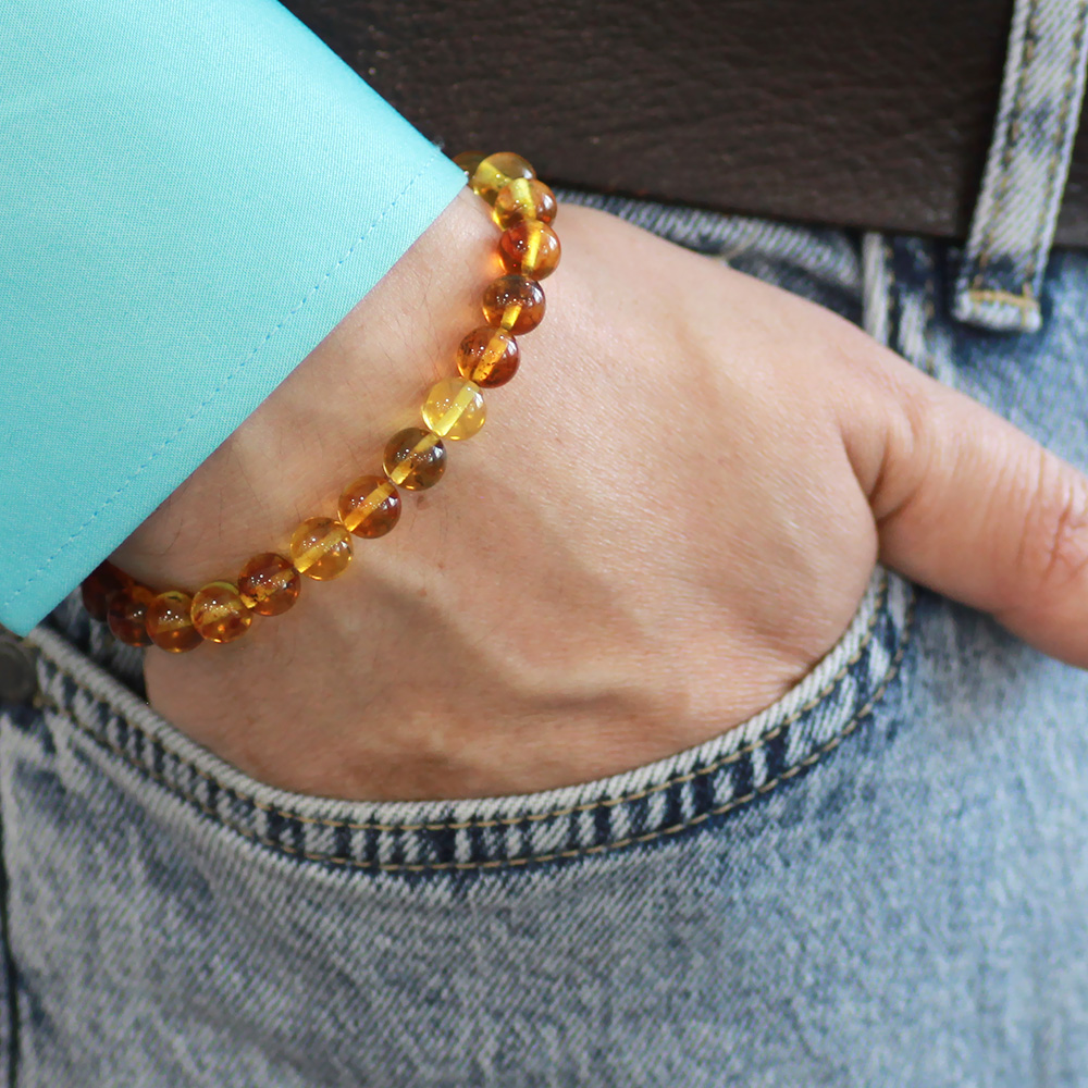 Küre Kesim Fosilli Doğal Sarı Damla Kehribar Erkek Bileklik - 3