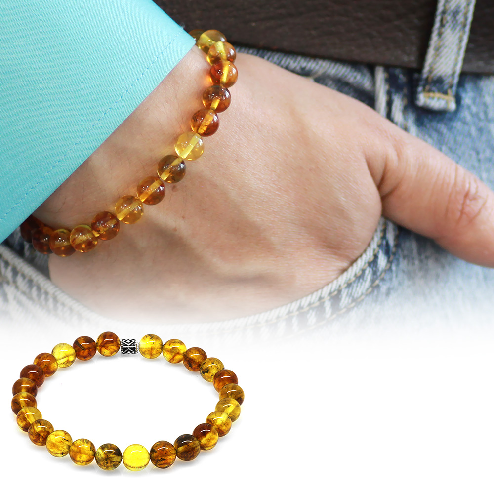 Küre Kesim Fosilli Doğal Sarı Damla Kehribar Erkek Bileklik - 2