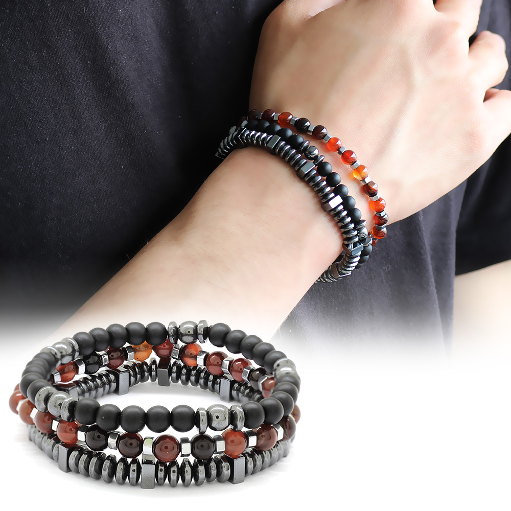 Küre Kesim Kırmızı Akik Oniks Hematit Kombinli Doğaltaş Bileklik - 1