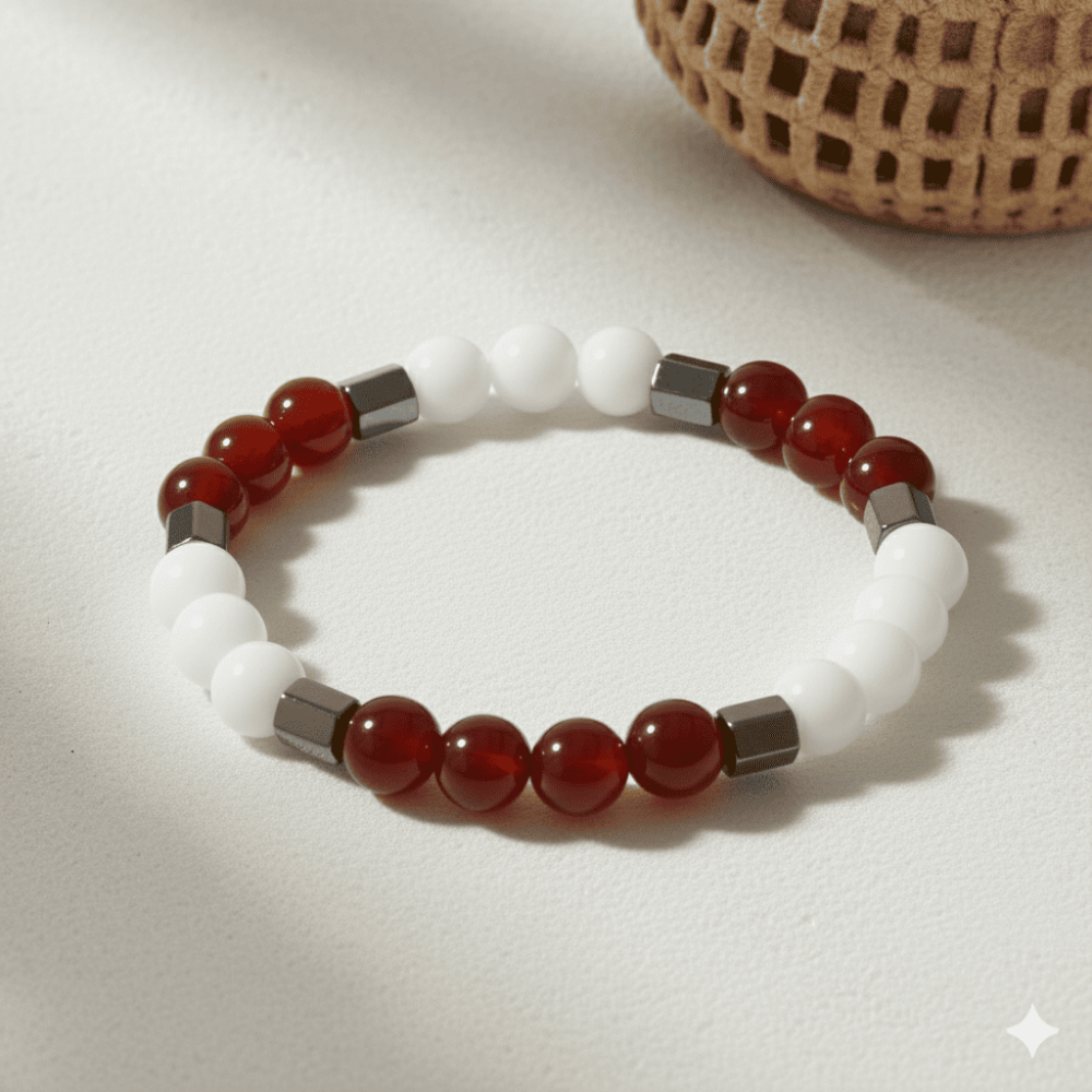 Küre Kesim Kırmızı Beyaz Jade Akik Hematit Doğaltaş Erkek Taraftar Bileklik - 3