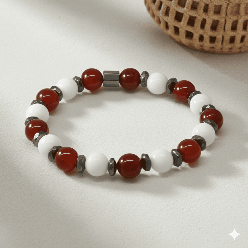 Küre Kesim Kırmızı Beyaz Jade Akik Hematit Doğaltaş Erkek Taraftar Bileklik M2 - 3