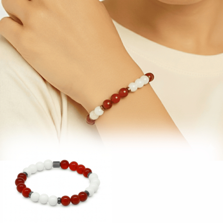 Küre Kesim Kırmızı Beyaz Jade Akik Hematit Doğaltaş Kadın Taraftar Bileklik - Tesbihane
