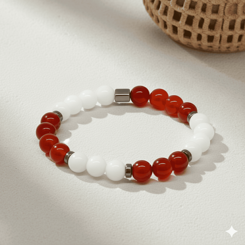Küre Kesim Kırmızı Beyaz Jade Akik Hematit Doğaltaş Kadın Taraftar Bileklik - 3