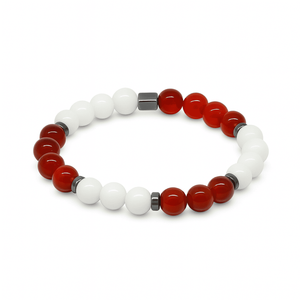Küre Kesim Kırmızı Beyaz Jade Akik Hematit Doğaltaş Kadın Taraftar Bileklik - 4