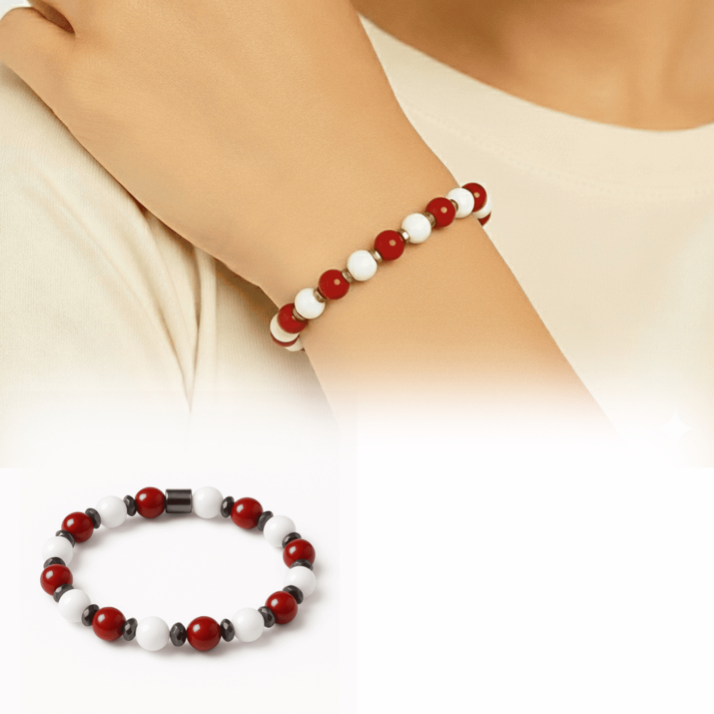 Küre Kesim Kırmızı Beyaz Jade Akik Hematit Doğaltaş Kadın Taraftar Bileklik M2 - 1