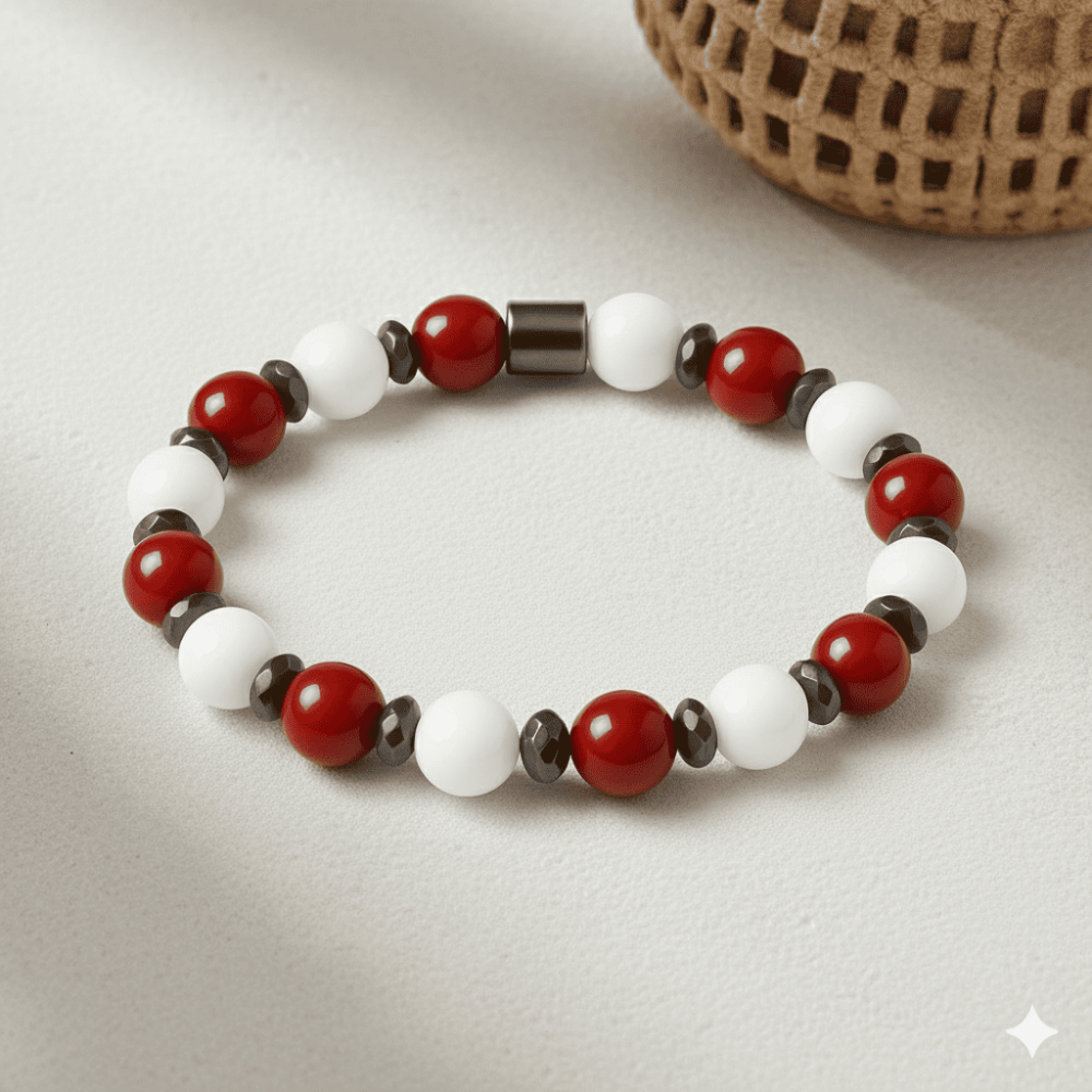 Küre Kesim Kırmızı Beyaz Jade Akik Hematit Doğaltaş Kadın Taraftar Bileklik M2 - 3